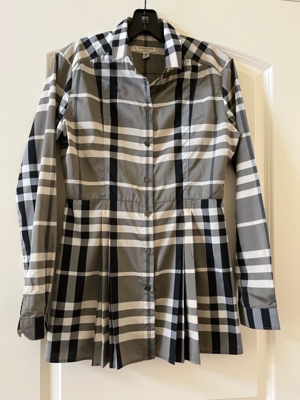 Burberry London Gray and White Striped Button-Up Blouse